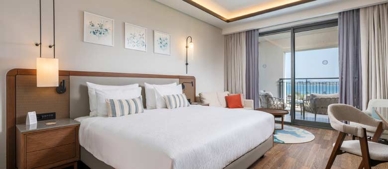 A well appointed hotel room with sea views displaying the high levels of accommodation at the hotel