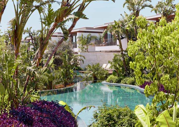 Photo shows the Bayou Villas nestled amongst tall green trees providing shade and privacy for guests of the Barut Collection