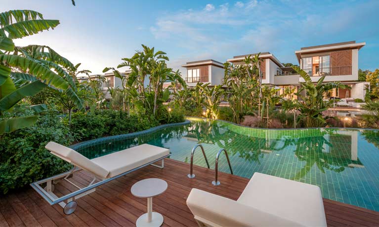 A private terrace outside a villa with a private plunge pool for guests to cool off