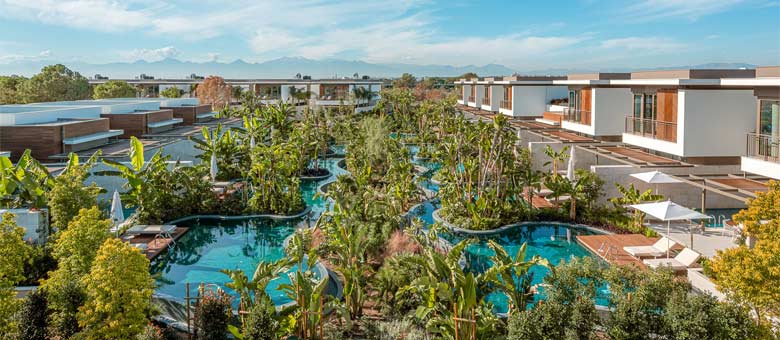 An aerial view of Barut Collection Bayou Villas, with it's many swimming pools and landscaped gardens.