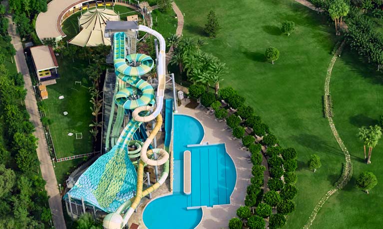 An aerial view of the waterpark with all its exciting slides and flumes that families love to play on