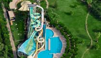 An aerial view of the waterpark with all its exciting slides and flumes that families love to play on