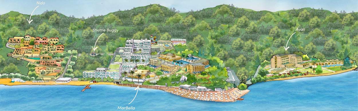 A map showing the proximity of each of the MarBella Corfu Hotels Collection, where guests can enjoy the facilities of all three hotels while only staying at one of them.