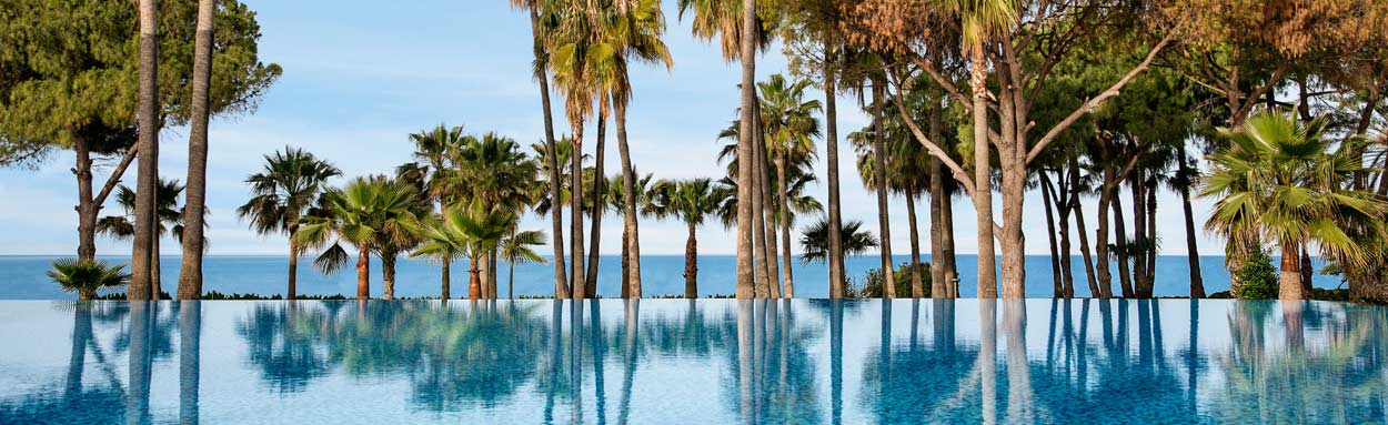 An inifinity pool appears to seamlessly blend into the clear blue sea beyond while a row of tall trees provides welcome shade for hotel guests