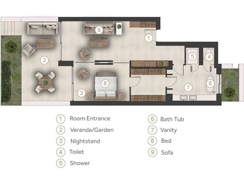One Bedroom Residence Private Garden Beach Front Floorplans